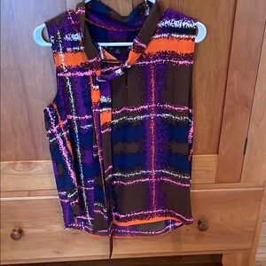 J Crew Tie-Neck Multicolor Sleeveless Women's Top, slightly stand up collar.